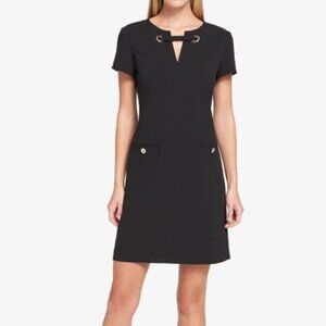 TOMMY HILFIGER Women's Black Short Sleeve Keyhole Above The Knee Shift Dress 14